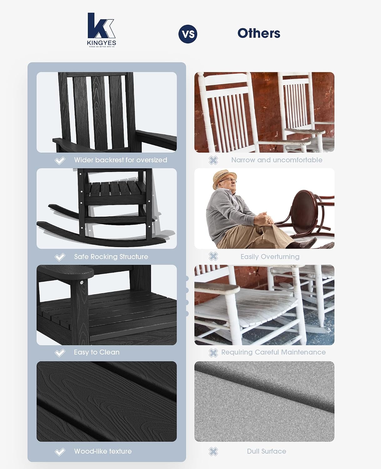 KINGYES Oversized Outdoor Rocking Chair Set of 6, All-Weather Patio Rocking Chairs for Porch, HDPE Outdoor Patio Rockers with High Back & Wide Seat for Garden, Lawn, Black
