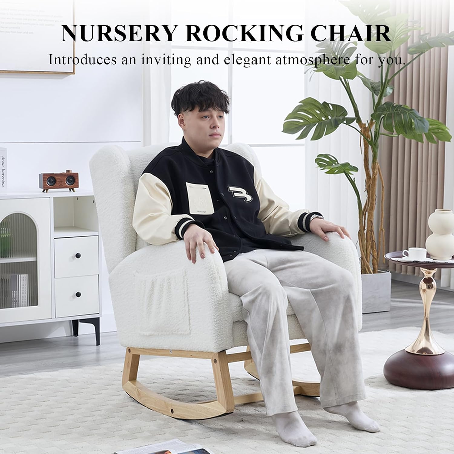 NIOIIKIT Nursery Rocking Chair with Footrest, Teddy Upholstered Glider Chair, Rocker Nursery Chair with Side Pocket, Glider Rocker, Accent Reading Chair for Living Room (White Teddy)
