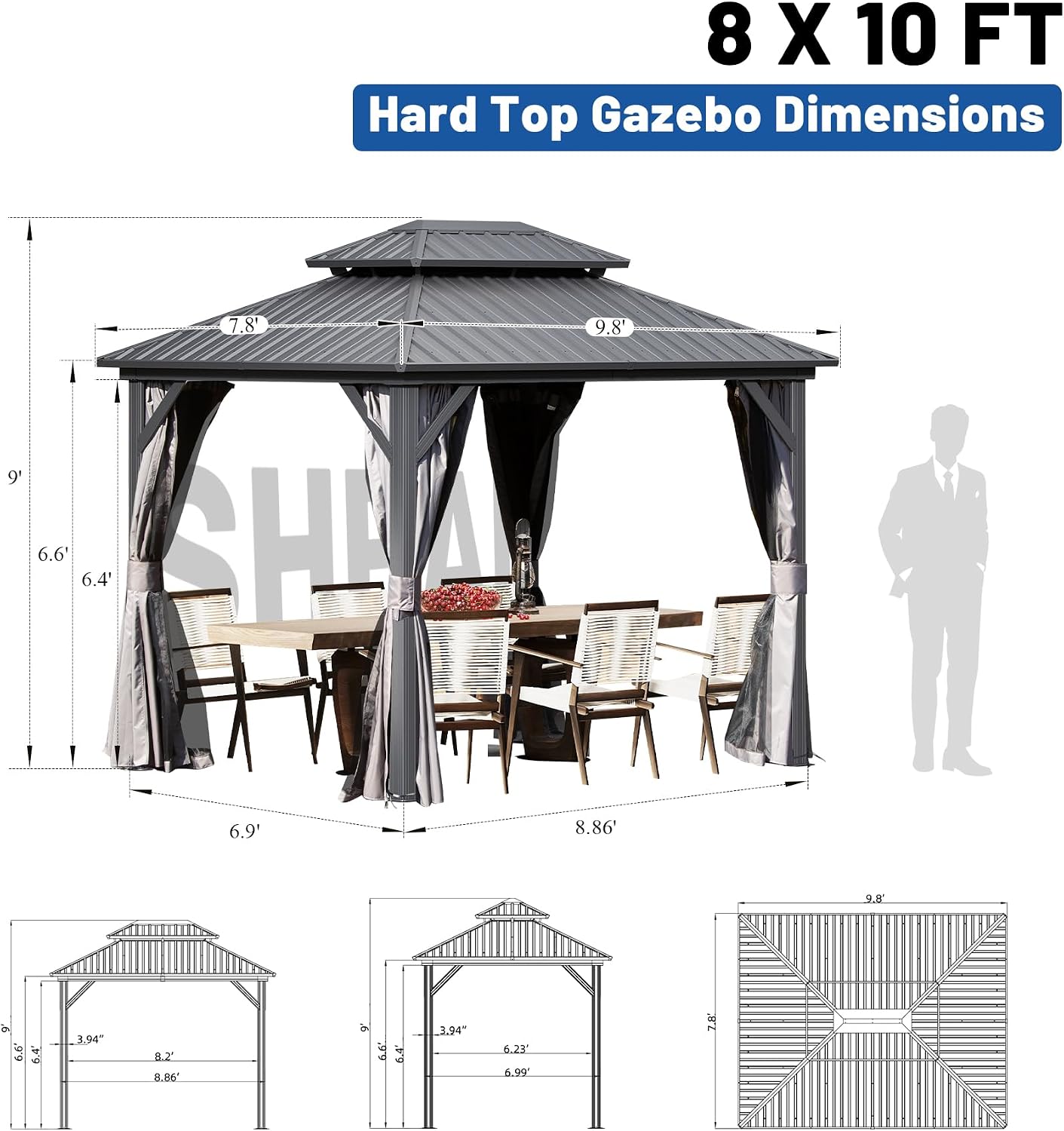 Hardtop Gazebo 8x10 FT, Metal Outdoor Gazebos with Galvanized Steel Double Roof, Curtains and Nettings, Permanent Gazebo Pavilion for Patio Wedding, Party, Outdoor Dining -Grey