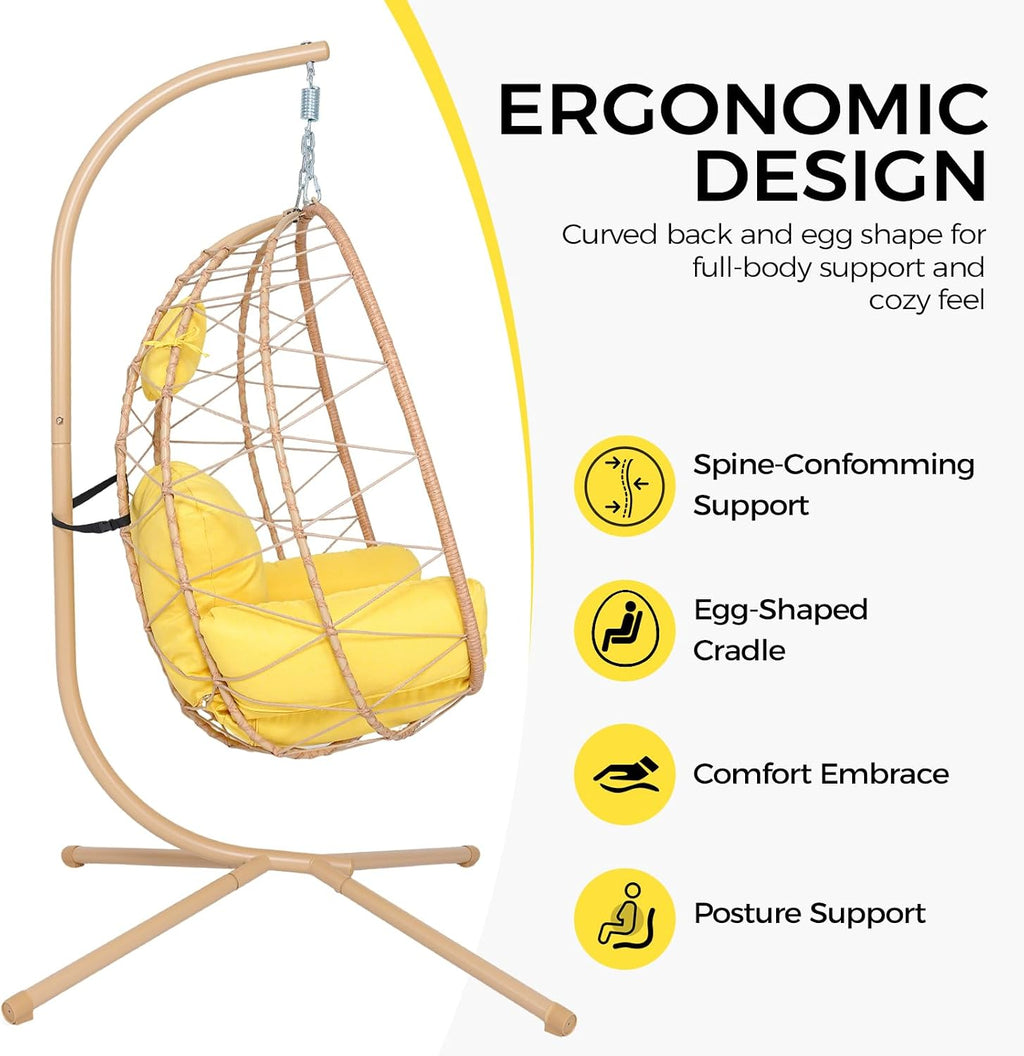 Egg Chair with Stand, Wicker Hanging Chair for Outdoor Patio, Cushioned Hammock Swing for Bedroom Garden Indoor/Outdoor, Double-Zipper Structure Hanging Egg Chair (Yellow and Yellow)