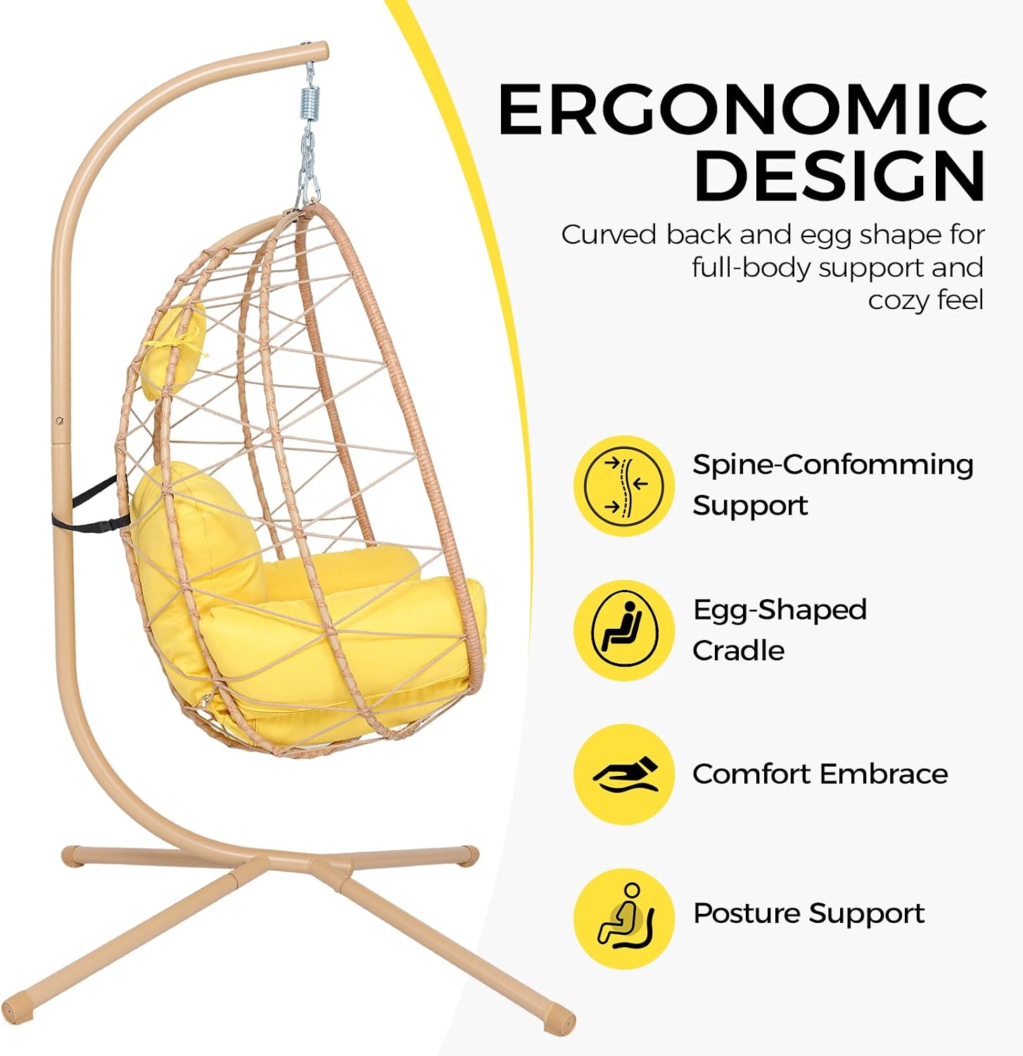 Egg Chair with Stand, Wicker Hanging Chair for Outdoor Patio, Cushioned Hammock Swing for Bedroom Garden Indoor/Outdoor, Double-Zipper Structure Hanging Egg Chair (Yellow and Yellow)