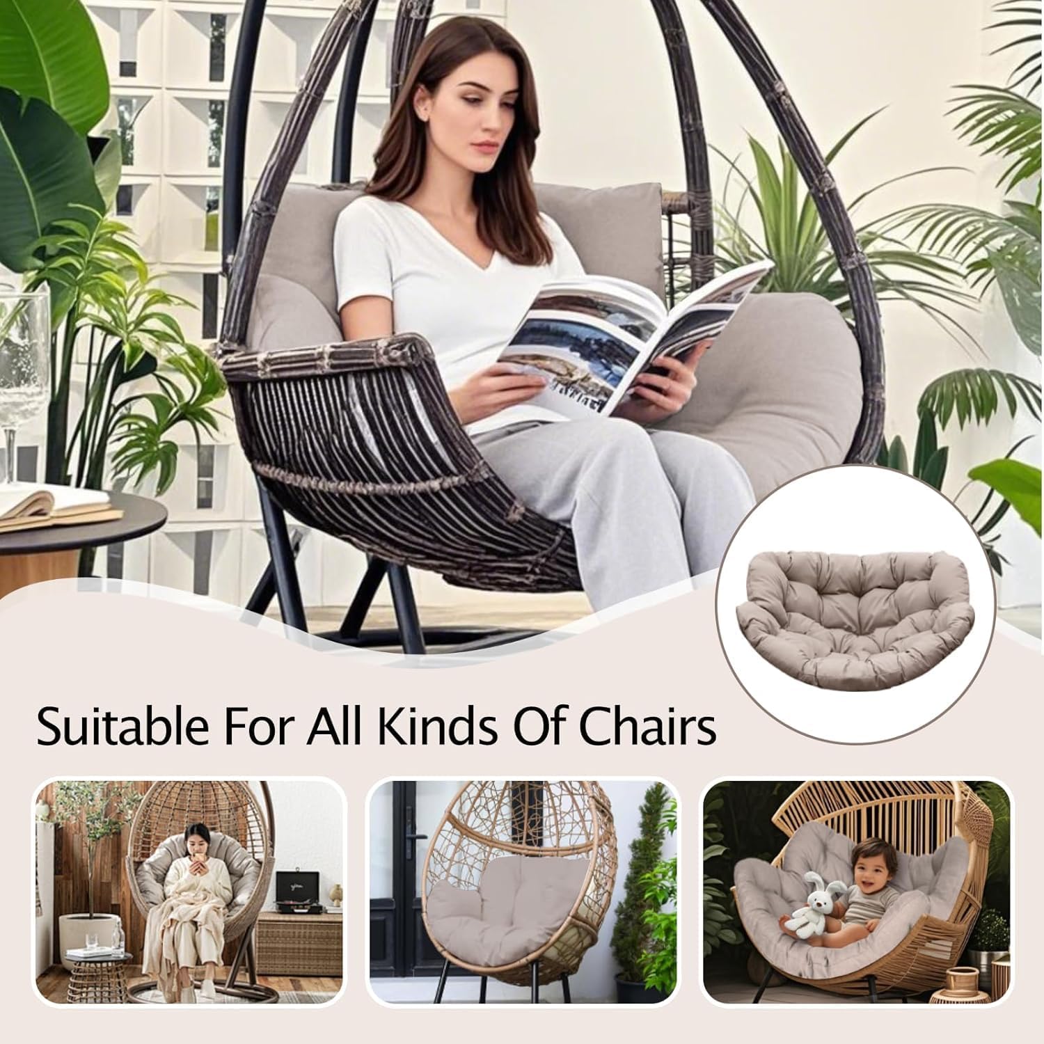 Thickened Waterproof Papasan Rocking Chair Cushion – 6.3'' Patio Egg Chair Pad with Ties, Outdoor/Indoor Rattan Hammock Chair Cushion for Porch, Garden, Balcony (Only Cushion) (Beige)