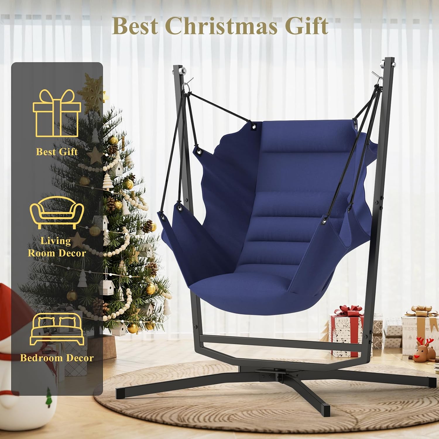 360° Swivel Hammock Swing Chair with Stand - Comfortable Hanging Chair with Cushions (400 lbs Capacity) for Indoor/Outdoor Use - Perfect for Bedroom, Patio, Porch, Deck, Garden, Balcony