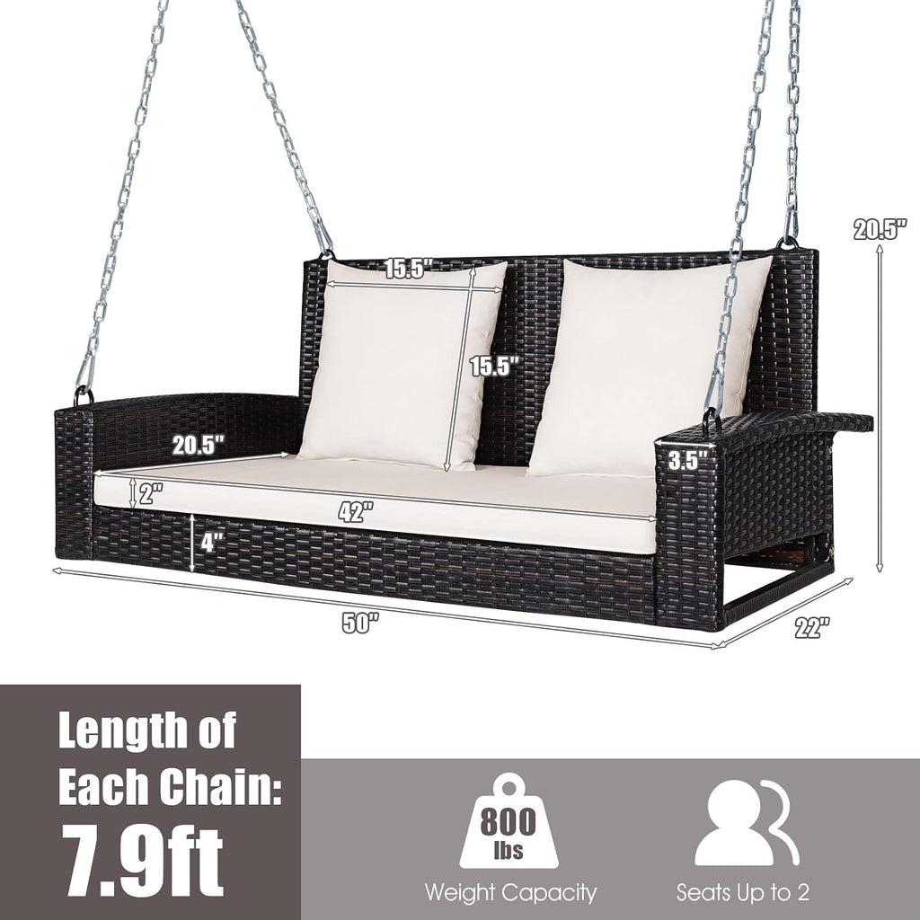 Tangkula 2-Person Wicker Porch Swing, Patiojoy Outdoor Rattan Hanging Swing Bench W/ 2 Back Cushions & 1 Seat Cushion, Sturdy Steel Chain, 800lbs Weight Capacity