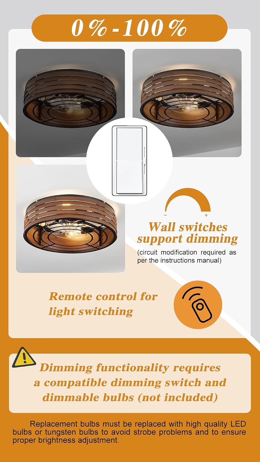 20'' Flush-Mount Ceiling Fan with Light and Remote, Reversible Motor, Perfect for Bedroom, Living Room, Kitchen, Outdoor Gazebo, Patio, Low-Profile Design Cage (Black Walnut)