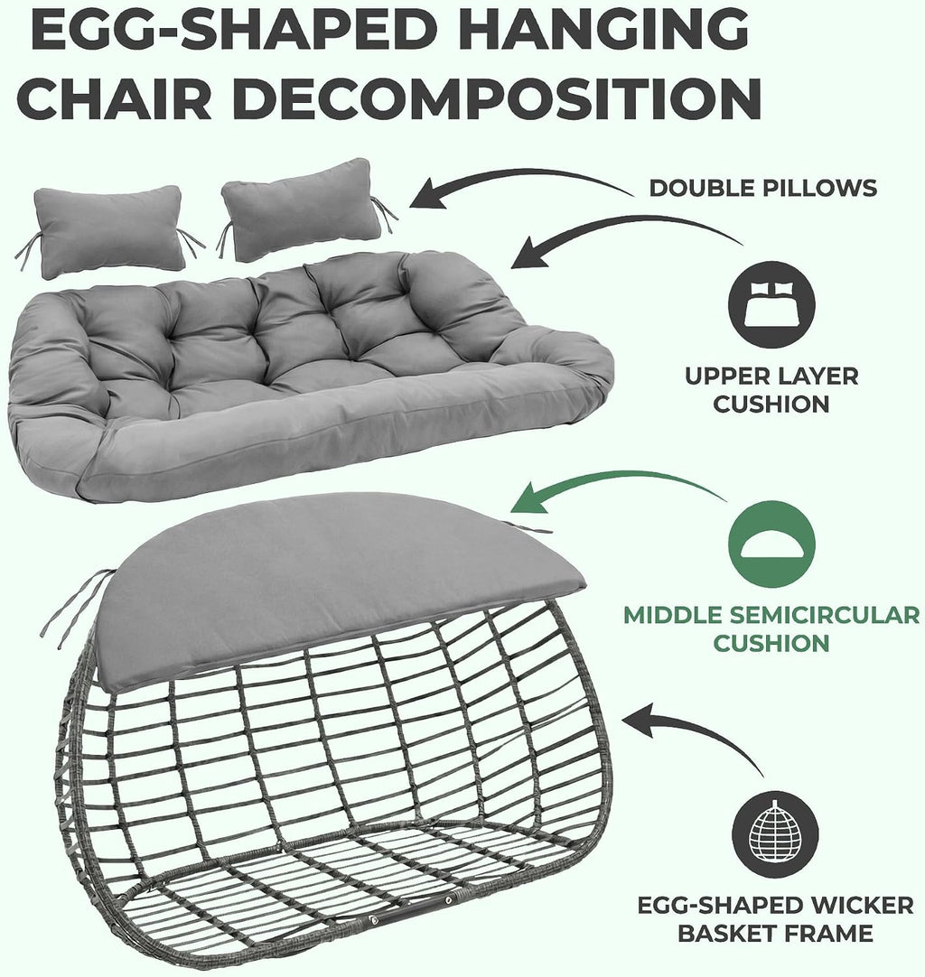 2 Person Hanging Egg Chair with Stand for Outdoor, Patio Hand Made Rattan Wicker Double Egg Swing Chairs Hammock Chair with UV Resistant Cushion and Metal Frame, Porch Swing Loveseat for Backyard