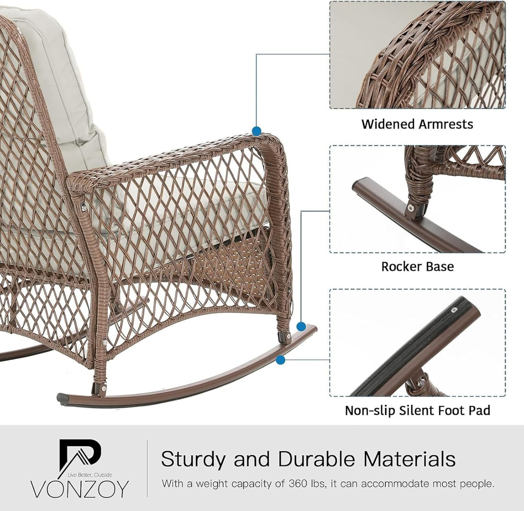 Patio Furniture Set 3 Pieces, Rocking Bistro Set with Thick Cushions, Brown Wicker Outdoor Rocker Chairs and Coffee Table for Porch, Backyard or Garden (Pale White)