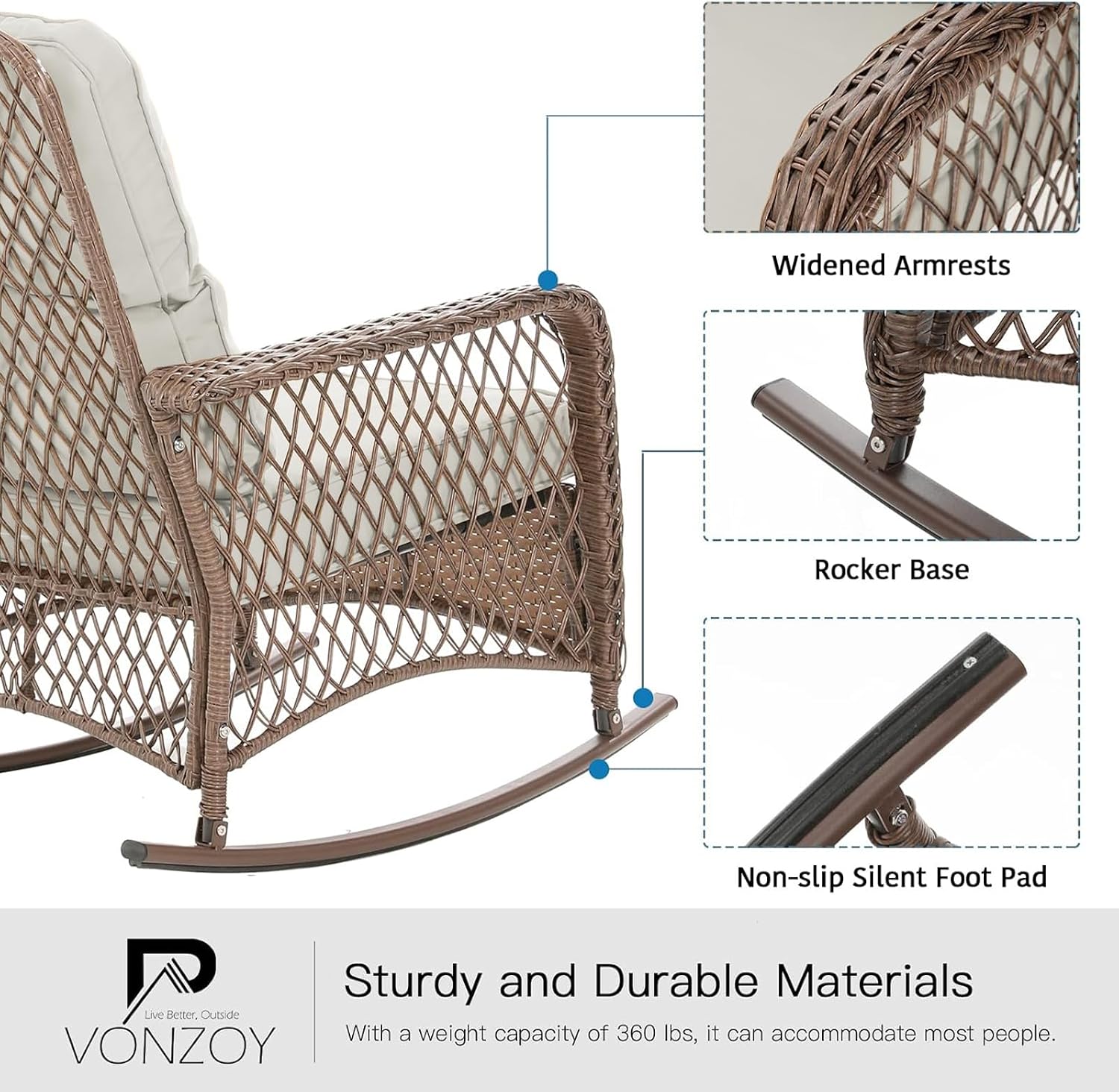 Patio Furniture Set 3 Pieces, Rocking Bistro Set with Thick Cushions, Brown Wicker Outdoor Rocker Chairs and Coffee Table for Porch, Backyard or Garden (Pale White)