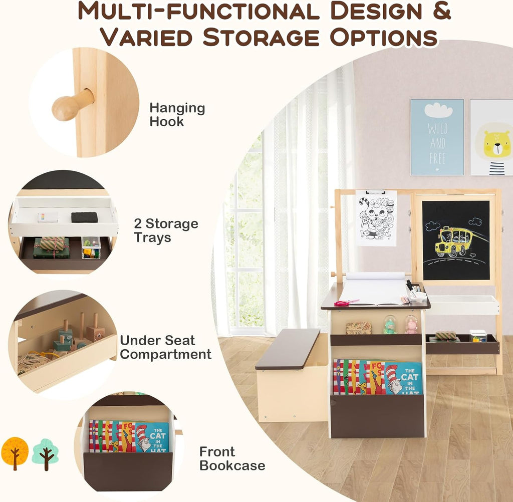 Costzon Easel for Kids, Wooden Art Center with Double-Sided Blackboard & Whiteboard, Paper Roll for Drawing, Crafts, Writing, Toddler Activity Table with Storage, Kids Table and Chair Set (Brown)