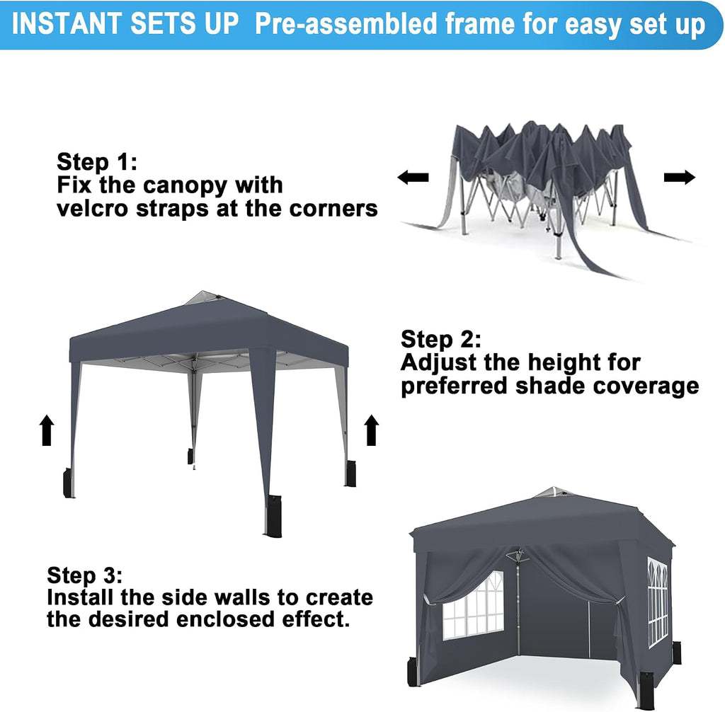 SANWAY 10x10 Pop Up Canopy Tent with Sidewalls x 4 – Easy Setup Canopy Tent, Waterproof, UV-Resistant, Portable with Carry Bag for Outdoor Events, Camping, and Backyard Parties – Dark Gray