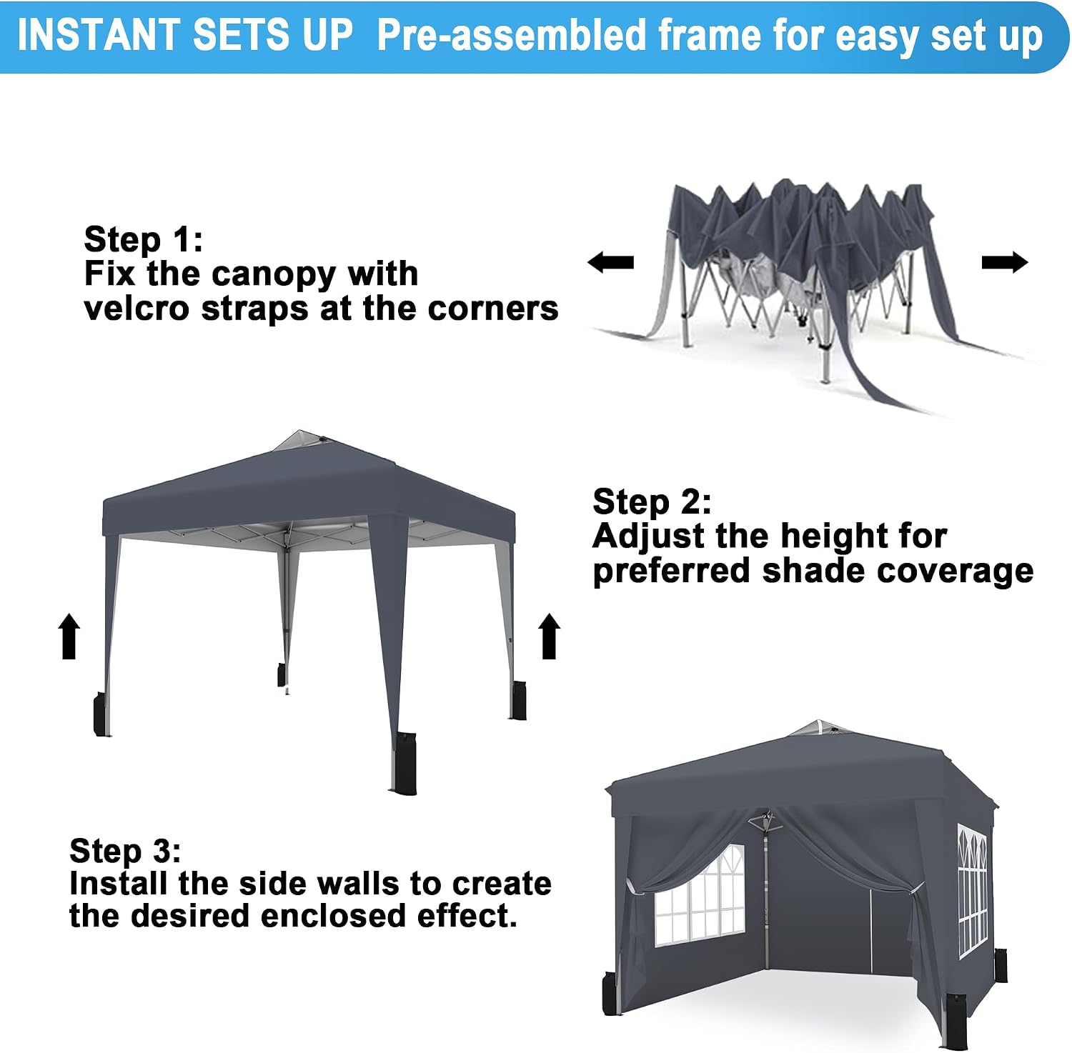 SANWAY 10x10 Pop Up Canopy Tent with Sidewalls x 4 – Easy Setup Canopy Tent, Waterproof, UV-Resistant, Portable with Carry Bag for Outdoor Events, Camping, and Backyard Parties – Dark Gray
