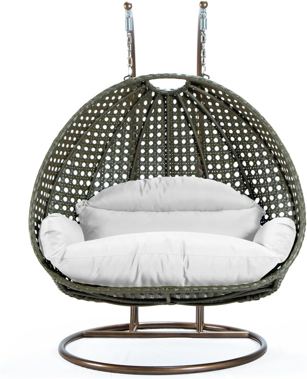 LeisureMod 2 Person Wicker Egg Chair Outdoor Indoor Bedroom Patio Hanging Lounge Swing Hammock Chairs with White Stand and UV Resistant Cushions (White)