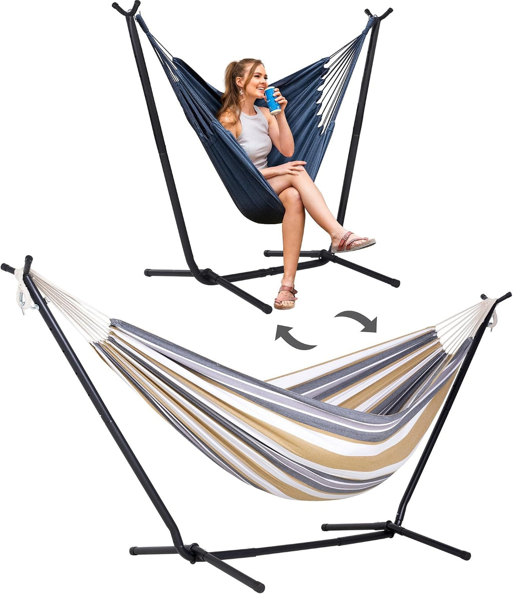 SUNCREAT 2-in-1 Convertible Double Hammocks 2 Person Heavy Duty, Large Patio Hammock with Space Saving Stand, Patented, Coffee Stripe