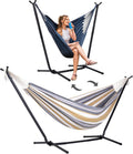 SUNCREAT 2-in-1 Convertible Double Hammocks 2 Person Heavy Duty, Large Patio Hammock with Space Saving Stand, Patented, Coffee Stripe
