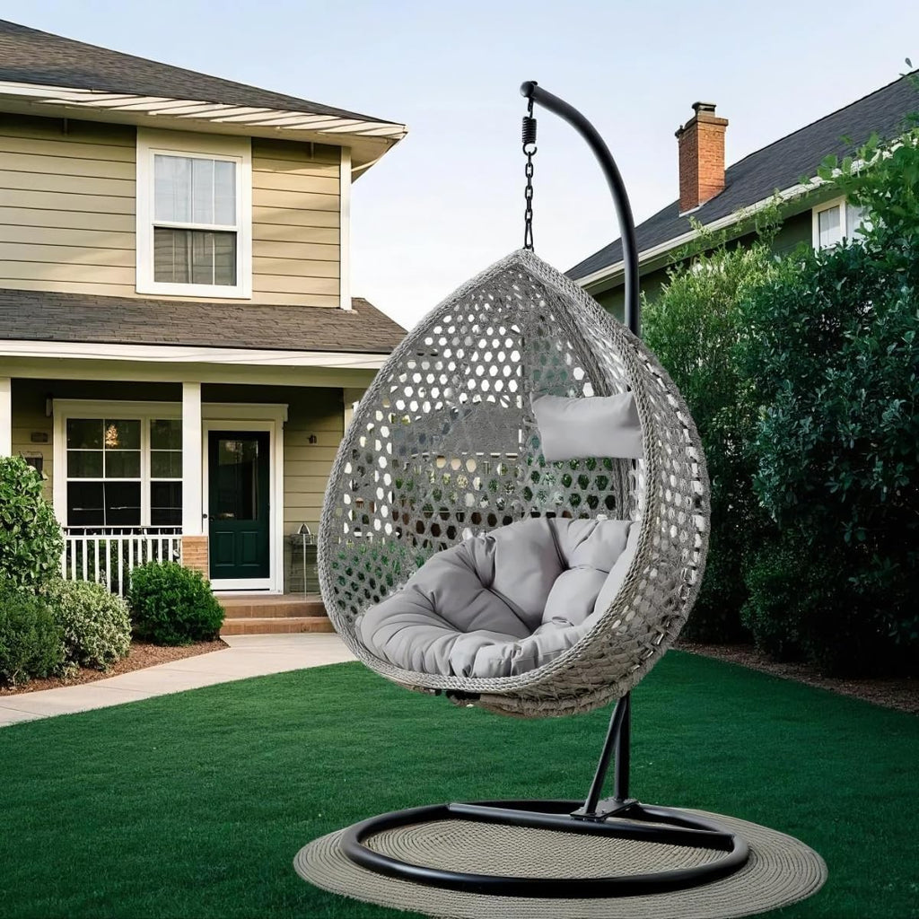 Egg Swing Chair Outdoor with Stand, Hanging Egg Rattan Basket Chair with Cushion and Pillow, Lounge Chairs for Backyard Sunroom Patio Balcony Bedroom (Grey)