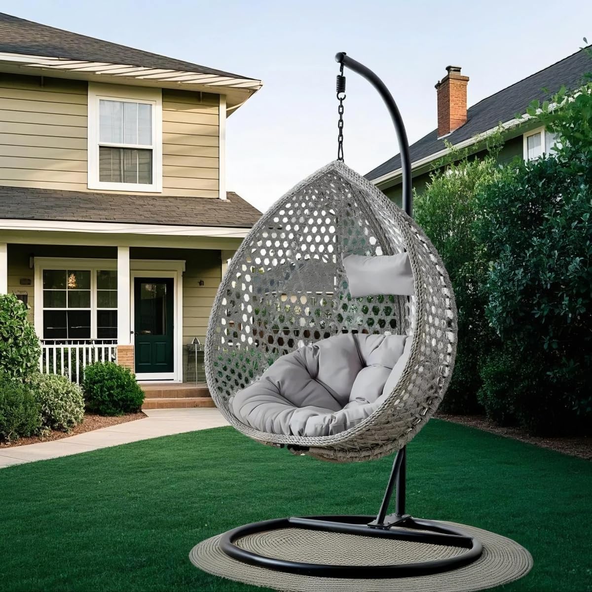 Egg Swing Chair Outdoor with Stand, Hanging Egg Rattan Basket Chair with Cushion and Pillow, Lounge Chairs for Backyard Sunroom Patio Balcony Bedroom (Grey)
