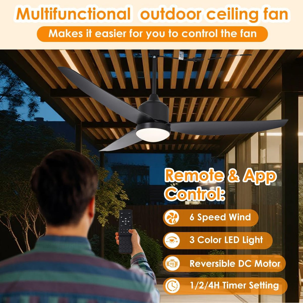 52 inch Outdoor Ceiling Fan with Lights,IP65 Waterproof Gazebo Fan with Remote, Farmhouse Rustic Ceiling Fans,Plug in Hanging Ceiling Fan with 3CCT 6-Speeds for Patio Porch Pergola