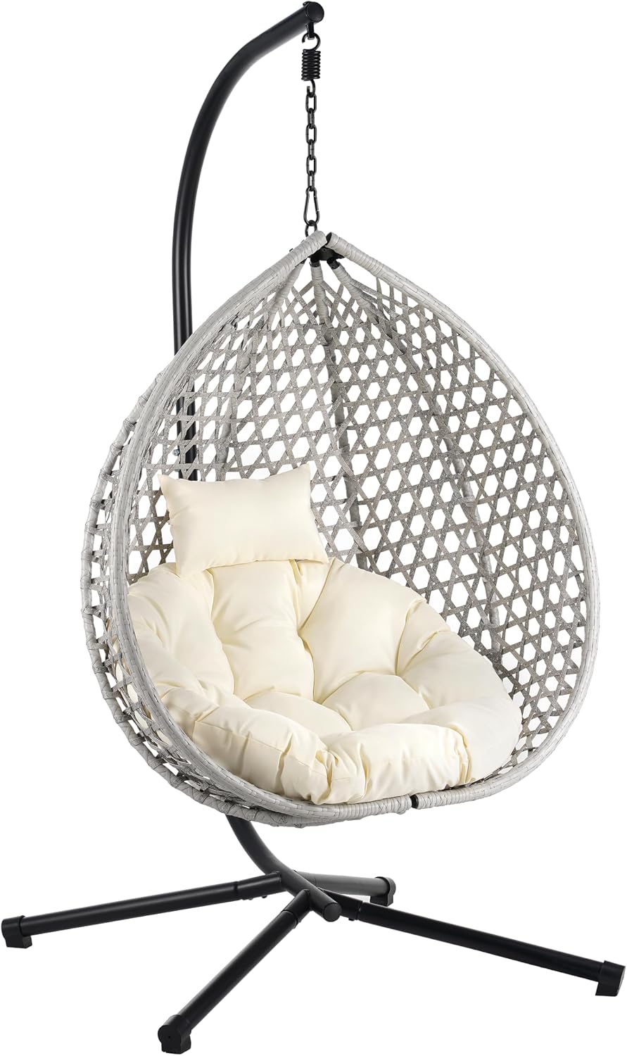 Sturdy Hammock Chair with Stand, Durable Hanging Egg Chair with Rattan Weaving,Comfortable Indoor Outdoor Swing Chairs with Soft Removable Cushion,Suitable for Balcony, Bedroom,or Garden, Gray+Beige