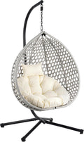 Indoor Outdoor Hammock Chair with Stand, Rattan Egg Hanging Swing Chair with Cushion for Balcony Bedroom Garden (Gray+Beige)