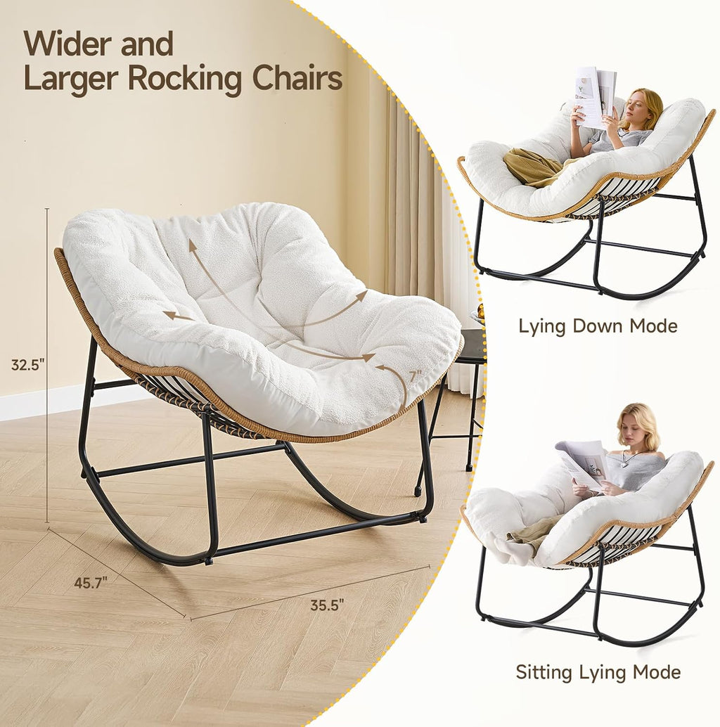 ONBRILL Outdoor Rocking Chairs, Oversized Papasan Rocking Chair Indoors with Padded Cushions, Rattan Wicker Lounge Chair for Living Room, Porch, Patio, Garden, White