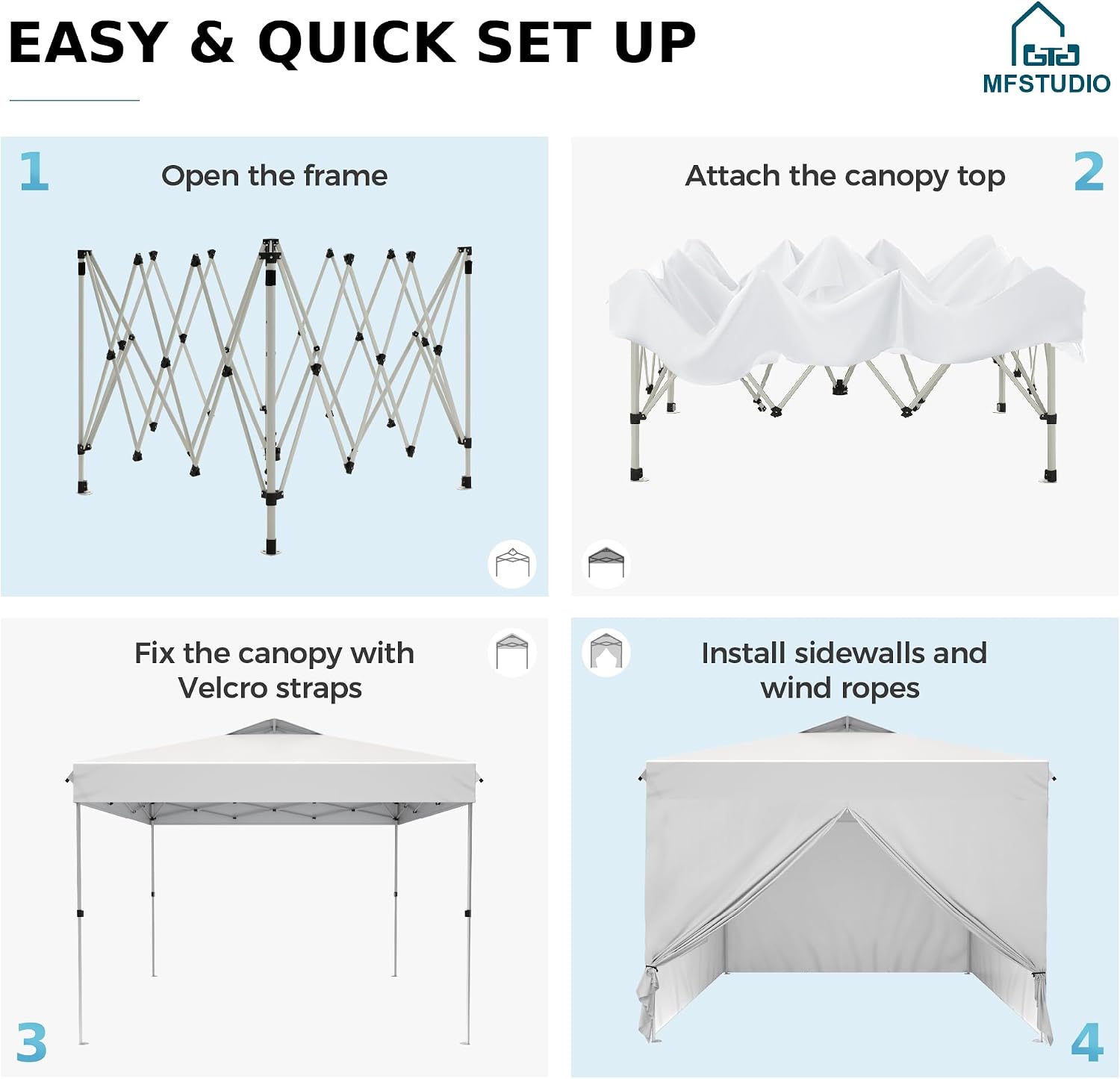 MFSTUDIO 10x10 Pop Up Canopy Tent with Removable Sidewalls, Outdoor Enclosed Instant Portable Shelter with Breathable Mesh Windows, One Person Setup, White