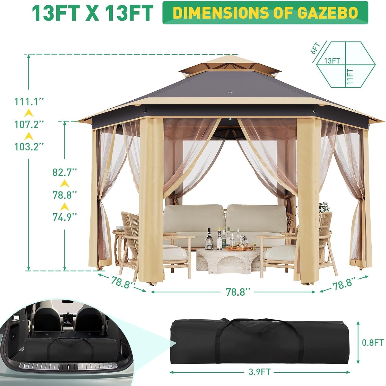 13' x 13' Pop-Up Gazebo Canopy Tent with Zippered Mesh Sidewalls and Carrying Bag, Event Tent Shelter for Patio Garden Backyard, Khaki and Beige