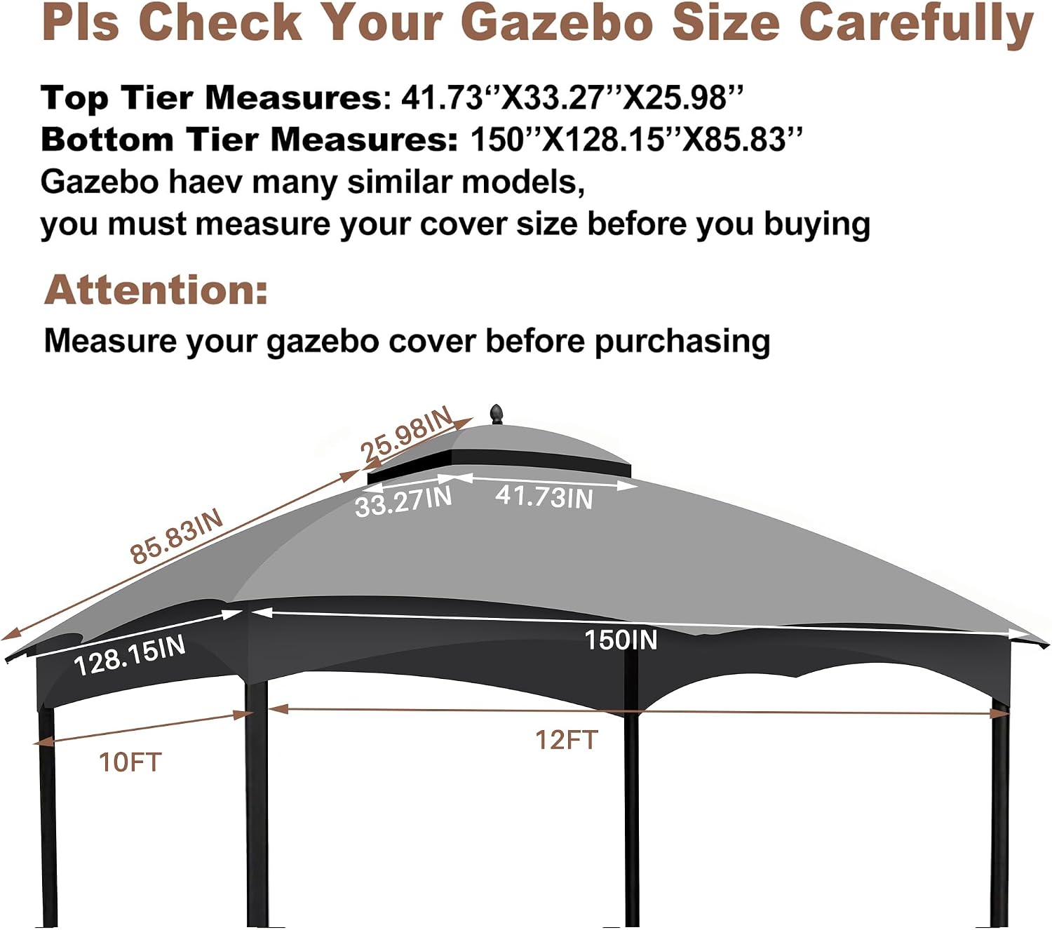 10x12 Ft Outdoor Patio Gazebo Replacement Canopy for Lowe's Allen Roth 10x12 Gazebo #GF-12S004B-1, Double Tiered Roof Top Cover, UV Protection & Waterproof Fabric, Grey (Frame Not Included)