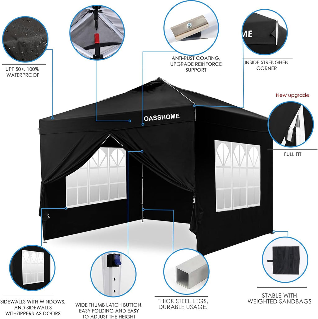 OASISHOME Canopy Tent 10'x10' Pop Up Gazebo with 1-Person Set Up, 4 Sidewalls, Wheeled Bag, Waterproof UV Protection Heavy-Duty Steel Frame Shelter for Patio Outdoor Wedding Party Event (Black,10x10)