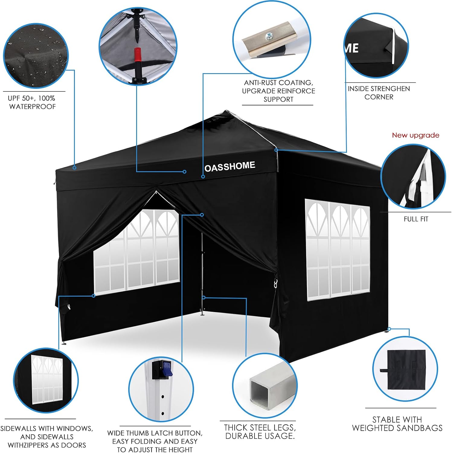 OASISHOME Canopy Tent 10'x10' Pop Up Gazebo with 1-Person Set Up, 4 Sidewalls, Wheeled Bag, Waterproof UV Protection Heavy-Duty Steel Frame Shelter for Patio Outdoor Wedding Party Event (Black,10x10)