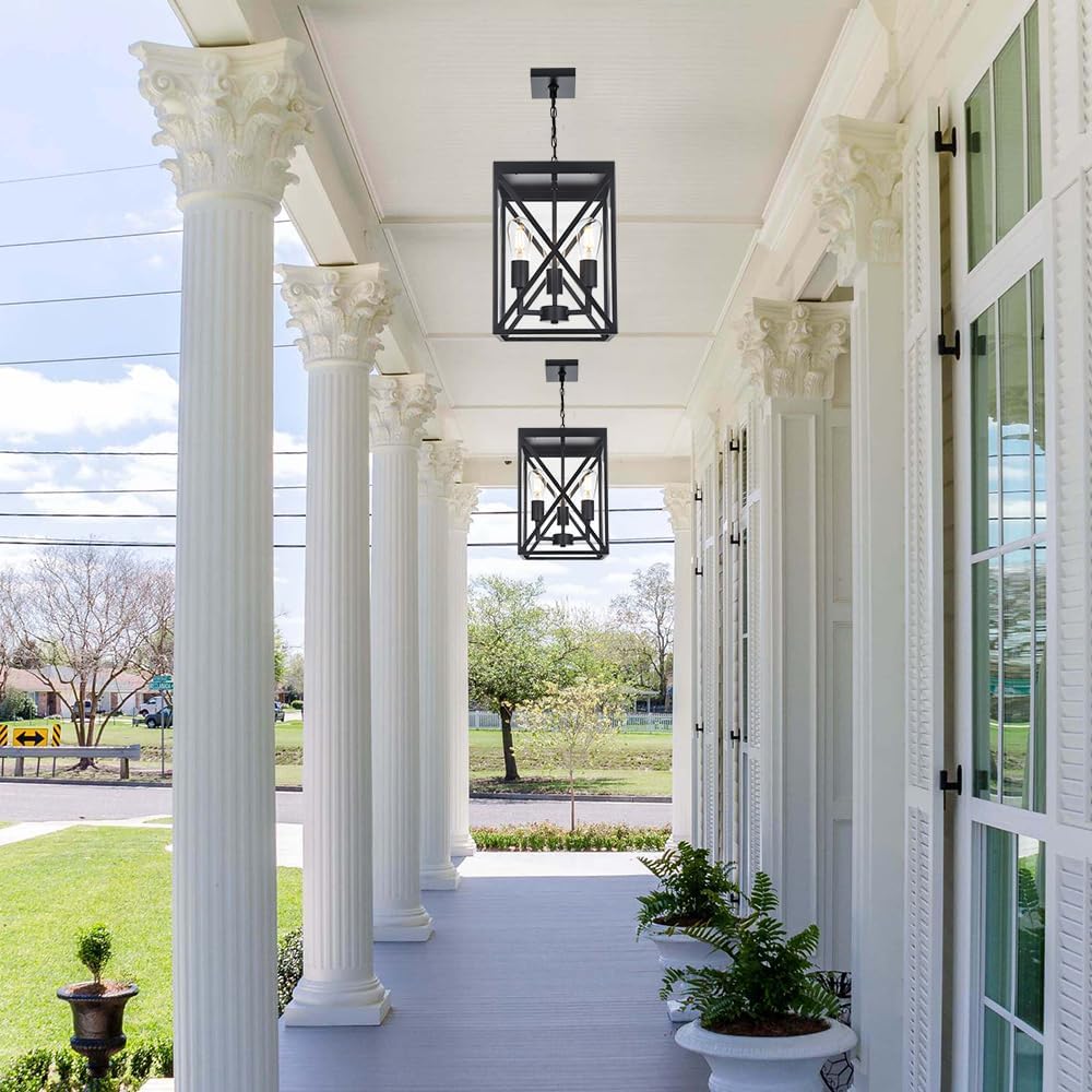 TODOLUZ Large Outdoor Porch Light Adjustable Chain, 3-Lights Modern Outdoor Pendant Lighting in Matte Black Finish, Outside Ceiling Mount Lamp for House Front Door Porch Patio Entryway