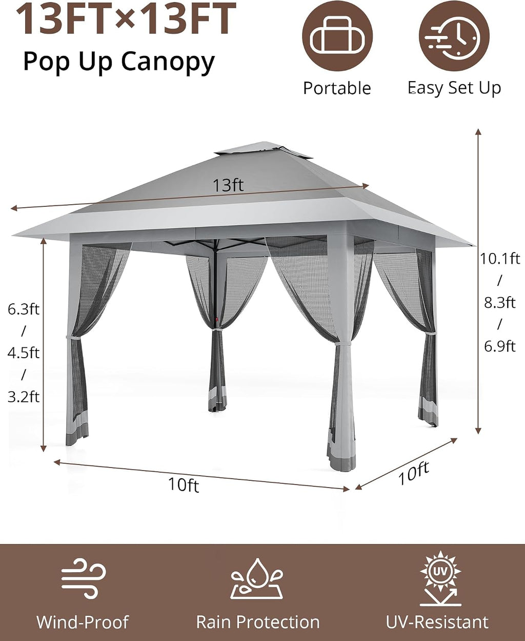 13'x13' Pop Up Gazebo, Outdoor Canopy Tent with Mosquito Netting, Pop Up Canopy with Double Roof Design & Adjustable Height, UV-Resistant Patio Gazebo Sunshade for Graden/Backyard/Lawn/Beach (Gray)