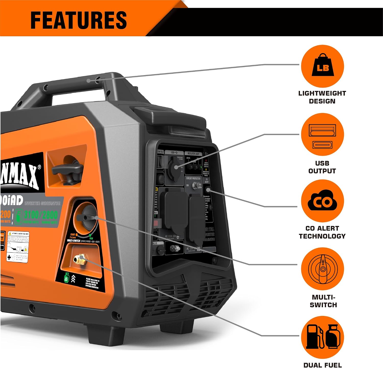 GENMAX Portable Generator, 3500W Super Quiet Gas or Propane Powered Engine with Parallel Capability, Manual start，Ideal for Camping Travel Outdoor.EPA Compliant