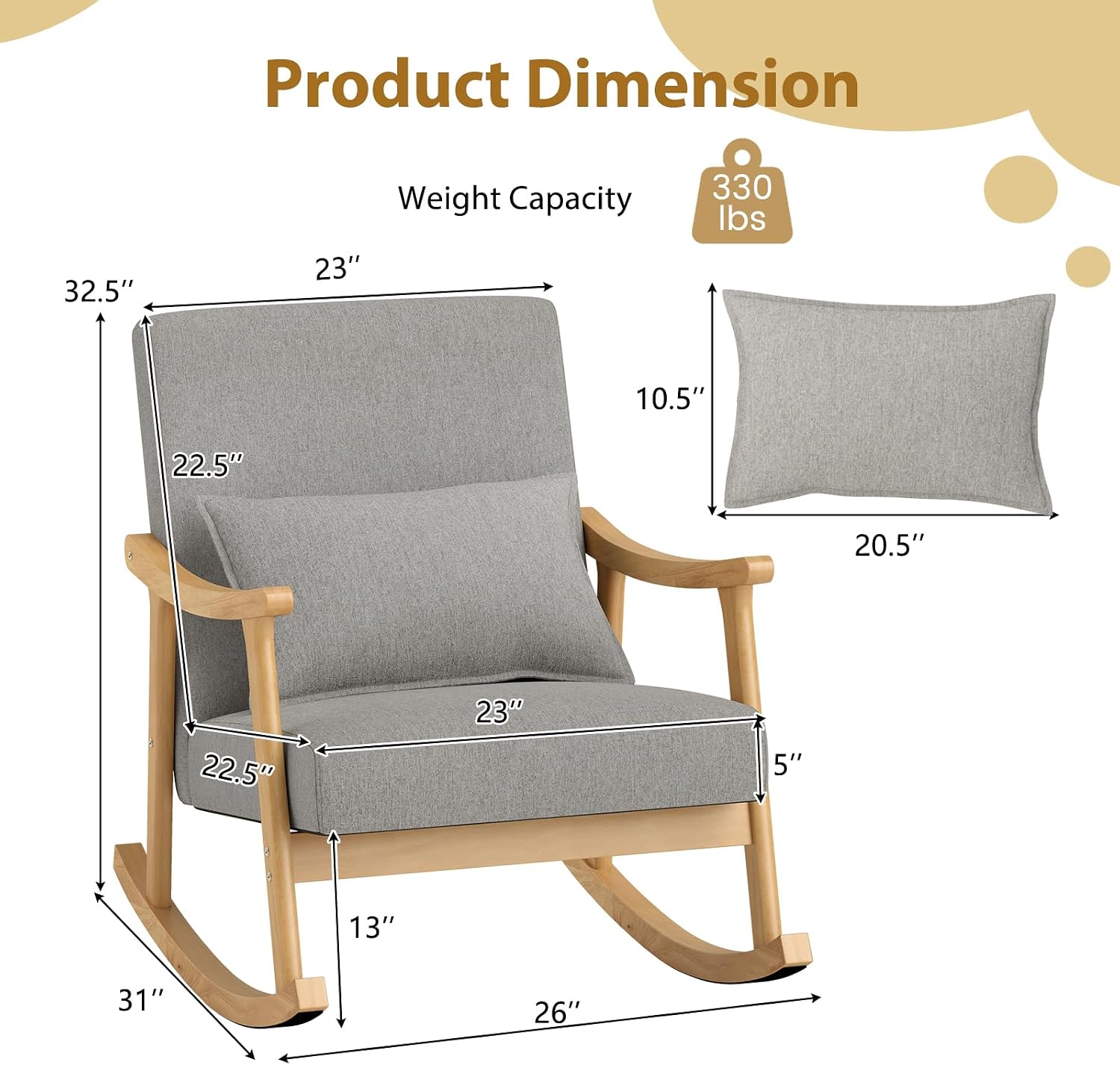 POWERSTONE Nursery Rocking Chair Upholstered Glider Rocker with PP Pillow & Rubber Wood Frame Modern Single Rocking Armchair for Bedroom, Living Room, Balcony, Offices, Nursery Grey