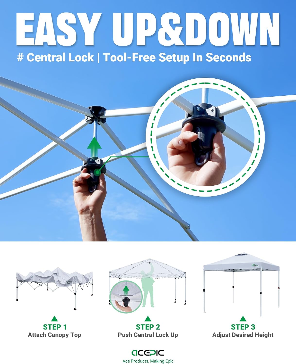 Acepic 10x10 Pop Up Canopy Tent,300D Silver-Coating Top,Pop Up Canopy Tent Instant Portable Shelter with 1-Button Push and Wheel Carry Bag, 8 Stakes and 4 Canopy Weights (Radiant Green, 10x10)