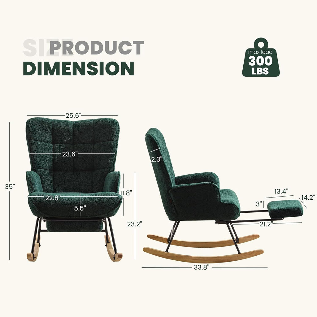 Furniliving Nursery Rocking Chair Upholstered Glider Rocking Chair Modern Accent Chair with Retractable Footrest Reading Chair with High Backrest Comfy Chair for Living Room, Green, Teddy
