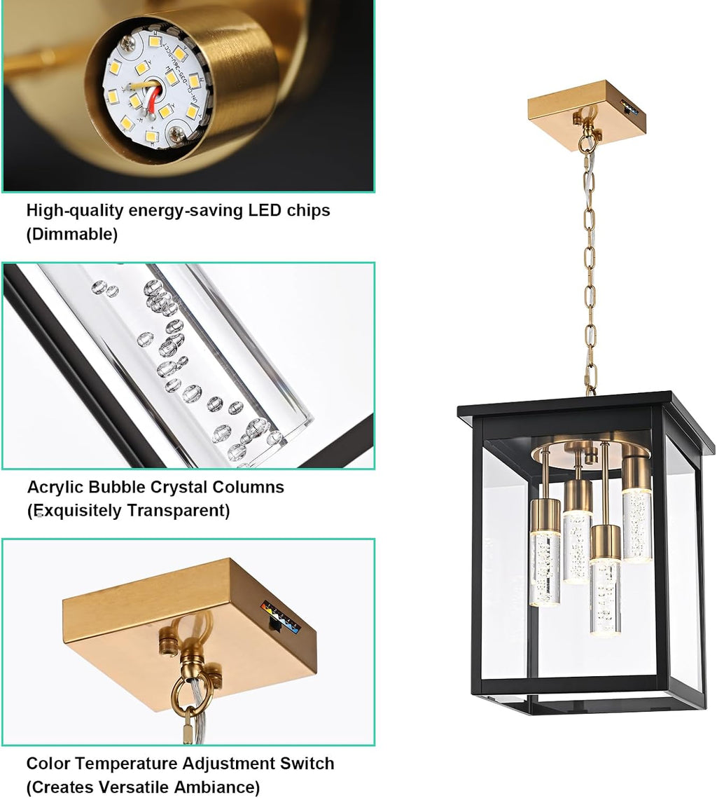 Yaohong Large 5CCT LED Outdoor Pendant Lights for Porch, 4-Lights Modern Black and Brushed Brass Hanging Ceiling Fixture with Acrylic Column & Clear Glass, Weatherproof Chandelier for Foyer Gazebo