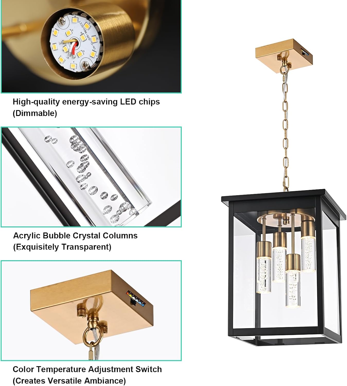 Yaohong Large 5CCT LED Outdoor Pendant Lights for Porch, 4-Lights Modern Black and Brushed Brass Hanging Ceiling Fixture with Acrylic Column & Clear Glass, Weatherproof Chandelier for Foyer Gazebo