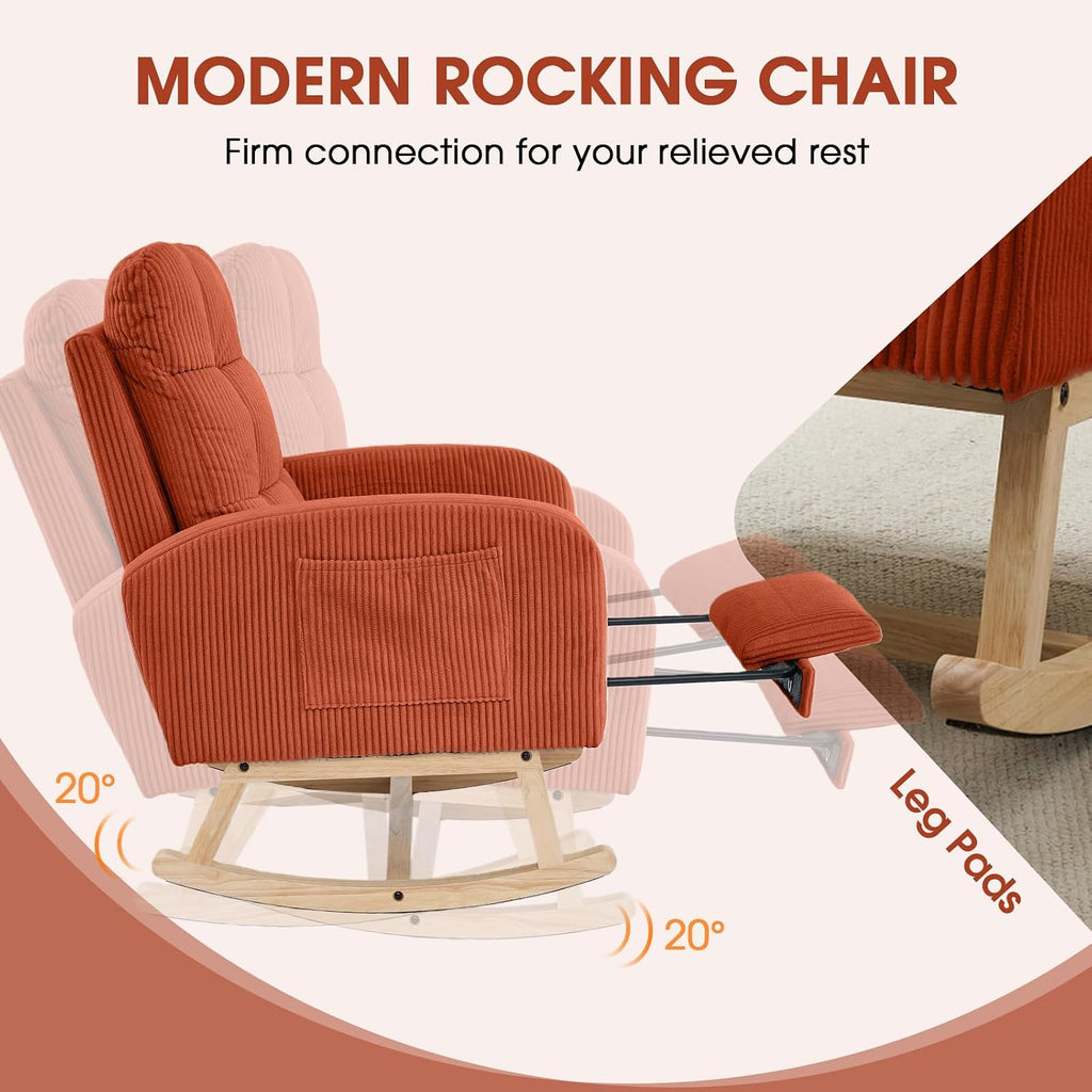 NIOIIKIT Nursery Rocking Chair, Corduroy Upholstered Rocking Chair with Adjustable Footrest, Tufted Rocker Chair with Side Pocket, Glider Rocker for Living Room, Bedroom (Orange Retro)
