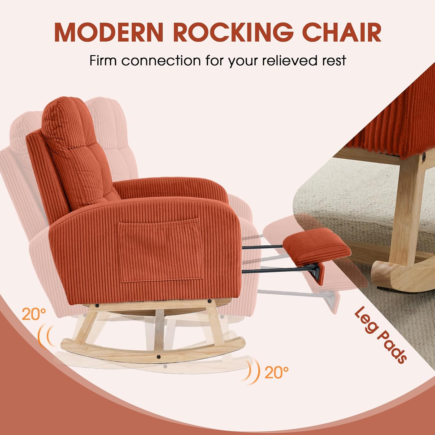 NIOIIKIT Nursery Rocking Chair, Corduroy Upholstered Rocking Chair with Adjustable Footrest, Tufted Rocker Chair with Side Pocket, Glider Rocker for Living Room, Bedroom (Orange Retro)