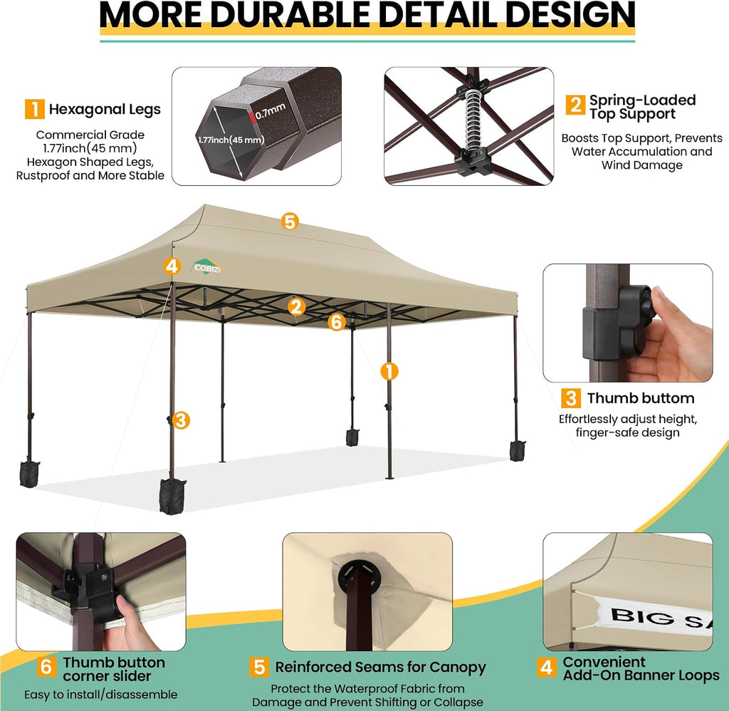 COBIZI 10x20 Pop up Canopy Without Sidewall Heavy Duty Commercial Outdoor Gazebo Easy Up Wedding Party Tents for Parties with Roller Bag, All Season Wind & Waterproof UPF50+(Upgrade Hexagonal Tube)