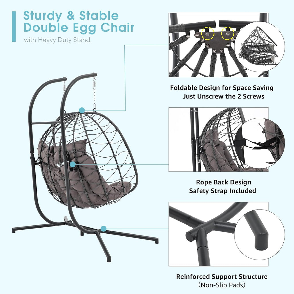 Patiorama 2 Person Double Egg Swing Chair with Stand Indoor Outdoor, Patio Wicker Rattan Hanging Egg Chair w/Cushion, Pillow, Foldable Hammock Chair 550lbs for Bedroom, Balcony, Garden (Dark Grey)