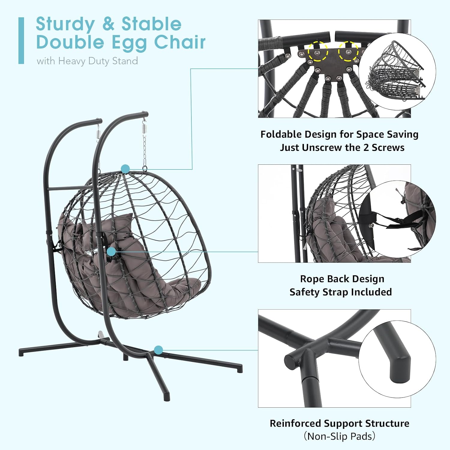 Patiorama 2 Person Double Egg Swing Chair with Stand Indoor Outdoor, Patio Wicker Rattan Hanging Egg Chair w/Cushion, Pillow, Foldable Hammock Chair 550lbs for Bedroom, Balcony, Garden (Dark Grey)