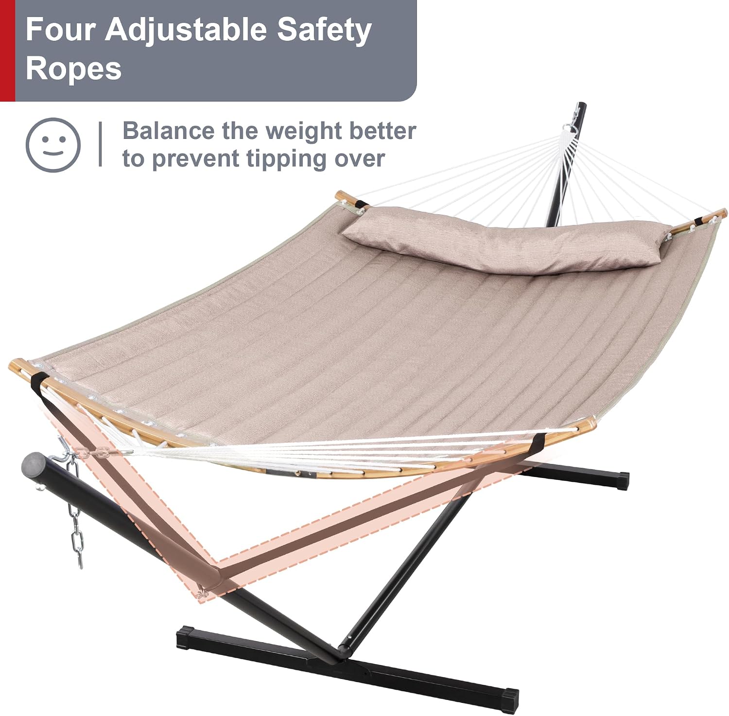 Double Hammock with 12 FT Stand, 2 Person Curved Bar Hammock with Stand, Pillow and Portable Carrying Bag, Heavy Duty 450lbs Capacity, Tan