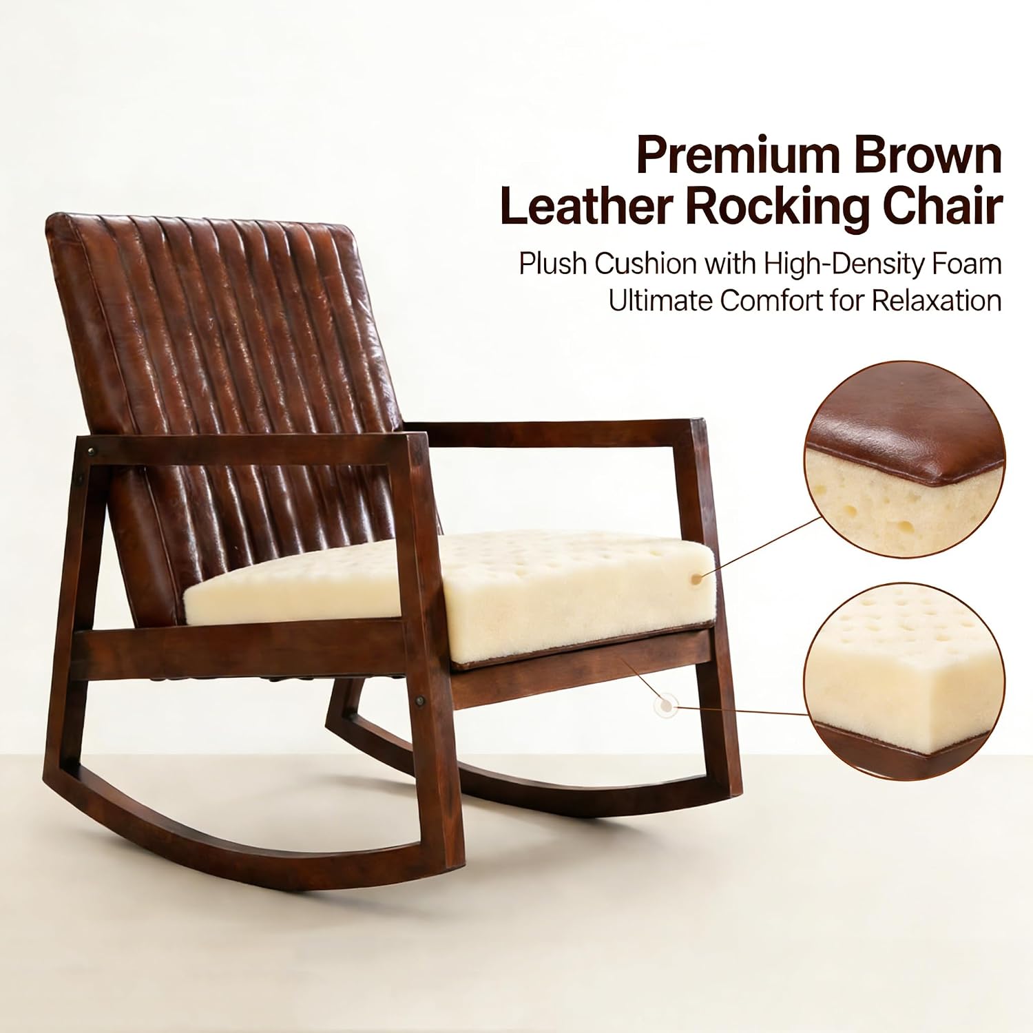 VESCASA Upholstered Rocking Chair with Channel-Tufted Back, Mid-Century Modern Comfy Oil Wax PU Leather Rocker with Black Walnut Wood Frame for Nursery Living Room Bedroom Indoor, Brown