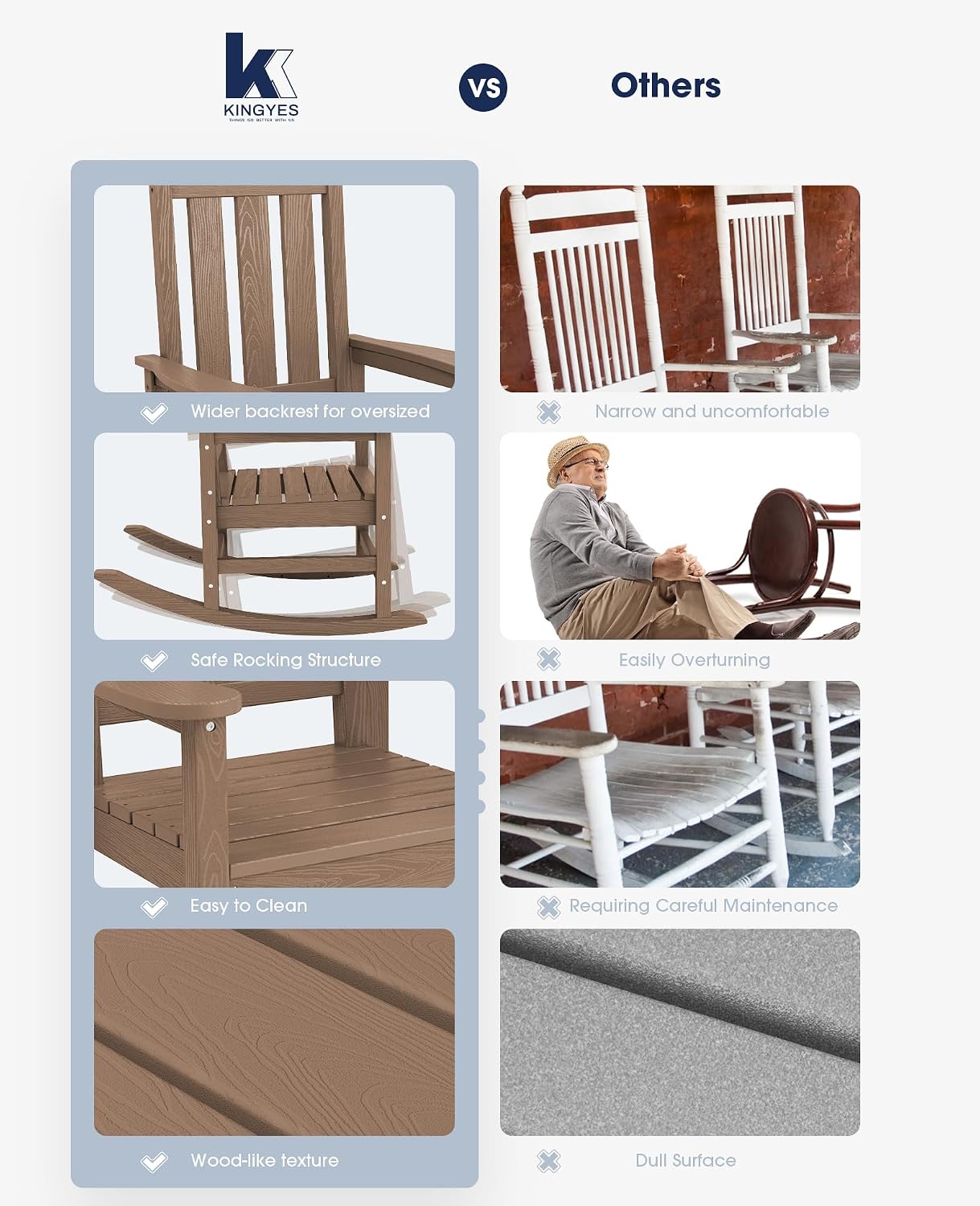 KINGYES Oversized Outdoor Rocking Chair Set of 2, All-Weather Patio Rocking Chairs for Porch, HDPE Outdoor Patio Rockers with High Back & Wide Seat for Garden, Lawn, Brown