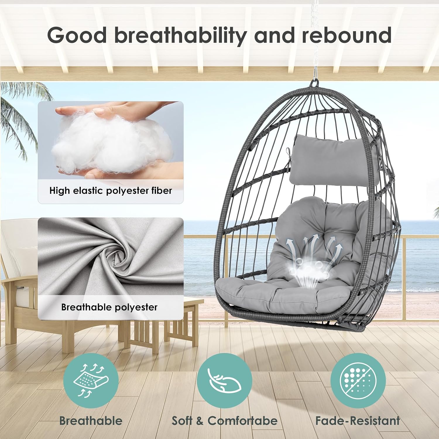 Hanging Egg Chair Without Stand - Foldable Indoor Outdoor Wicker Rattan Swing Egg Chair with Hanging Chain Hammock Chair - UV Resistant Cushions & Aluminum Frame for Bedroom Patio Camping (Grey)