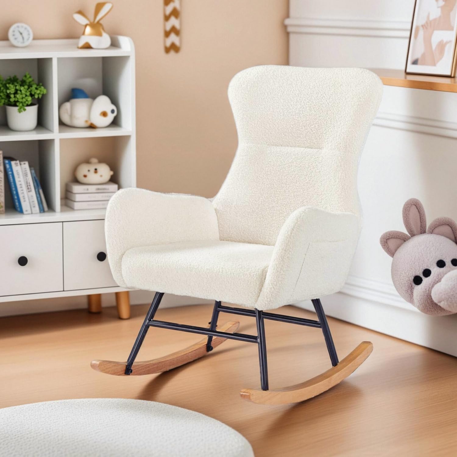 oaaktu Nursery Rocking Chair,Upholstered Glider Rocker with High Backrest for Living Rooms, Bedrooms, Offices (Beige Teddy)