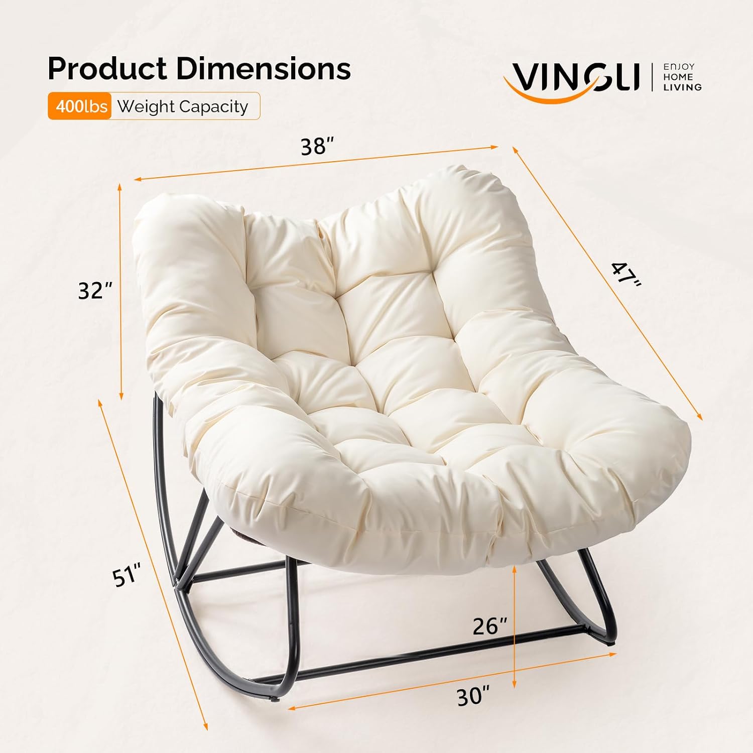 VINGLI Papasan Rocking Chair Outdoor, Patio Rocking Chair with Cushion, Comfortable Lounge Chair Weatherproof for Garden, Yard, Outdoor/Indoor, Beige