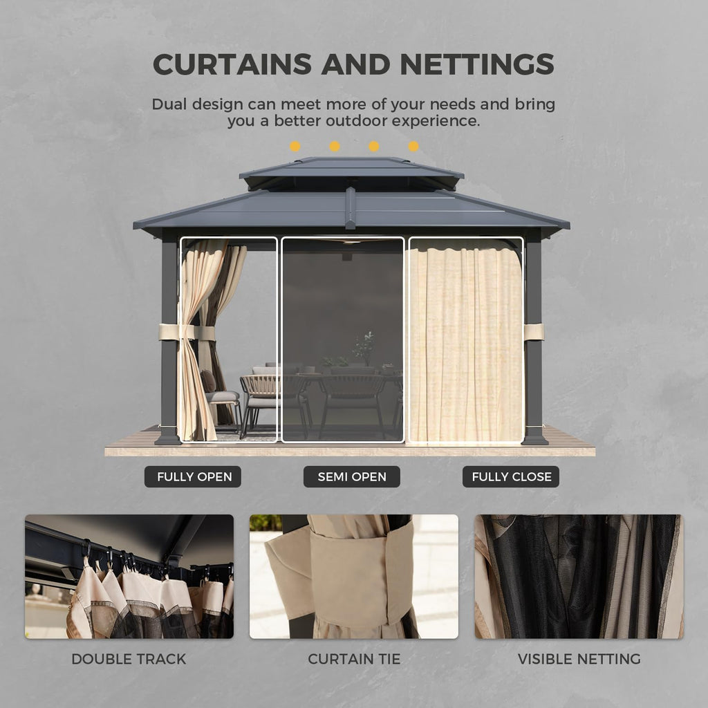 YOLENY 12'x 14' Gazebo with Galvanized Steel Roof, Double Roof Design with Anti-Rust Coating, Outdoor Gazebos with Curtains and Netting, Sunshade for Gardens, Lawns, Deck
