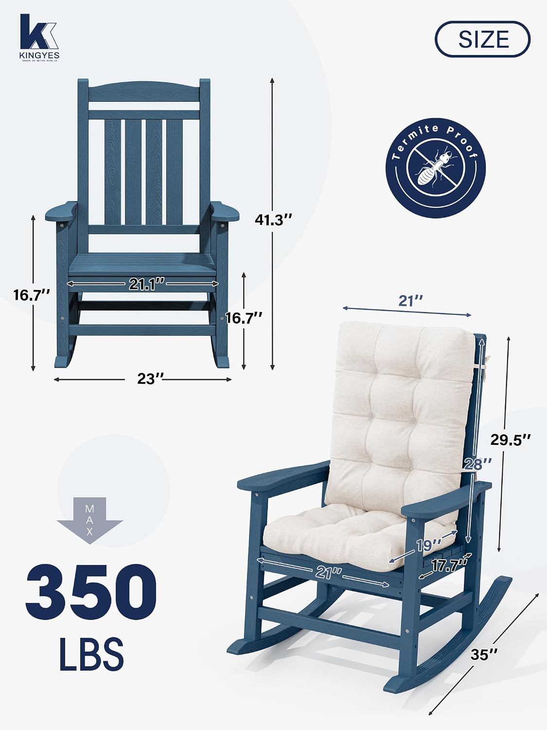 KINGYES Oversized Outdoor Rocking Chair with Cushion Set of 2, All-Weather Patio Rocking Chairs, HDPE Porch Rocker for Adults, 350 lbs Capacity, Blue Chair with Beige Cushion